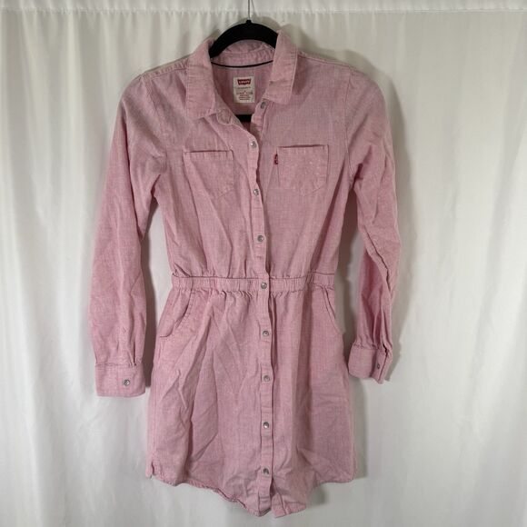 Levis Dress Girls Large Pink Button Up Long Sleeve Pockets 100% Cotton - Picture 1 of 10